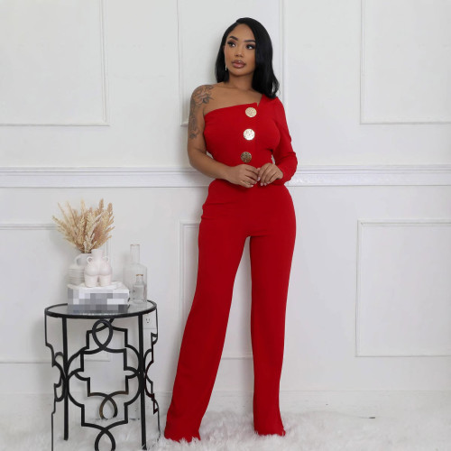 Women's Solid Color Button Single Shoulder Black Elegant Jumpsuit