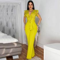 Lace Sheer Top Bow Belted Sleeveless Sports Jumpsuit