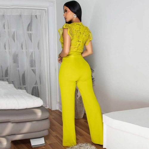 Lace Sheer Top Bow Belted Sleeveless Sports Jumpsuit