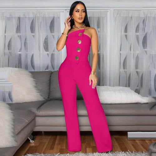 Solid Color Gold Accent Button Strapless Jumpsuit