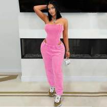 Washed Distressed Tube Bodysuit Top Trousers Two-piece Set