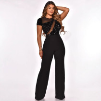 Women's Elegant Irregular Sequined Wide-leg Short-sleeved Jumpsuit