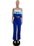 Solid Straps Wrapped Top Ruffled Top High Waist Pants Set