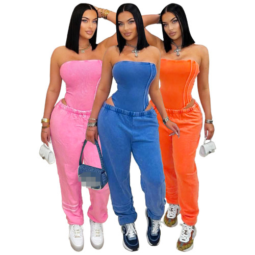 Washed Distressed Tube Bodysuit Top Trousers Two-piece Set