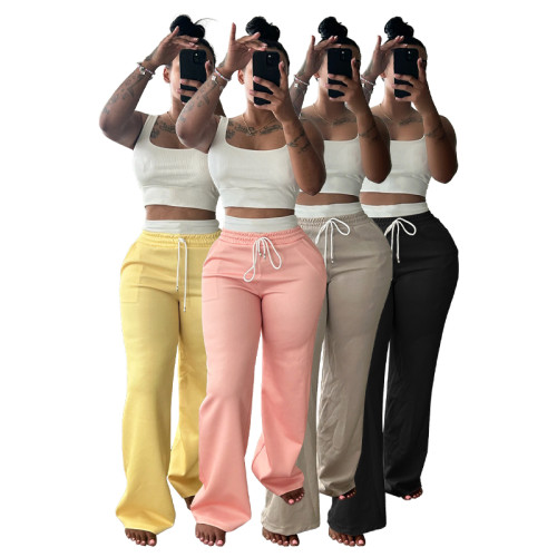 Women Sports Tank Top and Drawstring Wide Leg Pants Two Piece Set