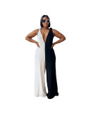 Colorblock Deep V Neck Twist Strap Knot Loose Jumpsuit