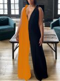 Colorblock Deep V Neck Twist Strap Knot Loose Jumpsuit