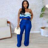 Solid Straps Wrapped Top Ruffled Top High Waist Pants Set