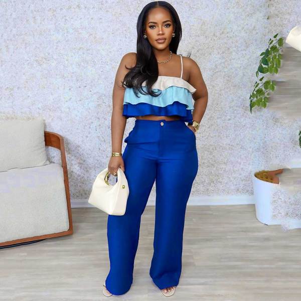 Solid Straps Wrapped Top Ruffled Top High Waist Pants Set