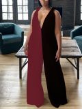 Colorblock Deep V Neck Twist Strap Knot Loose Jumpsuit