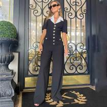 Black Office Wear Work Collar Fashion Short-Sleeved Wide Leg Jumpsuit