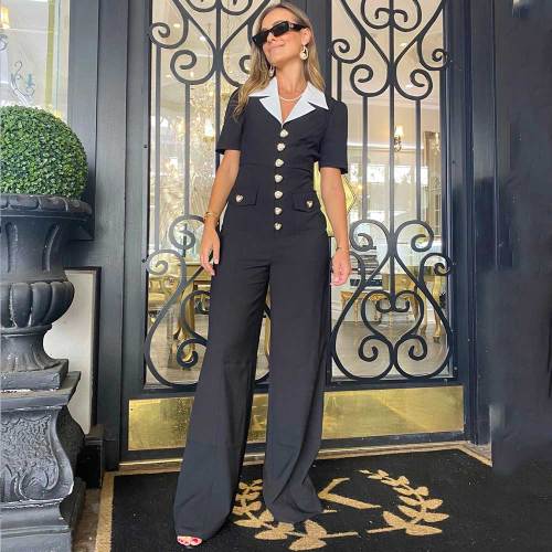 Black Office Wear Work Collar Fashion Short-Sleeved Wide Leg Jumpsuit
