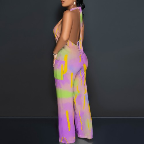 1 Piece Custom Casual Digital Printing Halter Jumpsuits