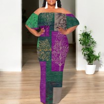 1 Piece Custom Casual Digital Printing Off Shoulder Plus Size Long Dress
