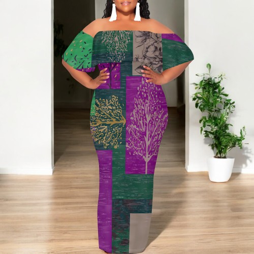 1 Piece Custom Casual Digital Printing Off Shoulder Plus Size Long Dress