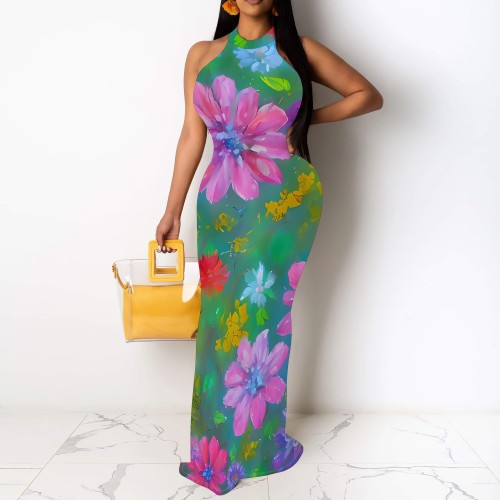1 Piece Custom Casual Digital Printing Sleeveless Long Dresses