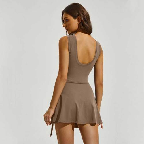Womens Sleeveless Romper Dress Athletic Solid Color Fitness Sports Tennis Skirt