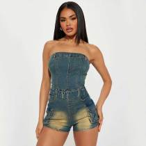 Tight Slim High Elastic Washed Denim Strapless Tube Short Rompers