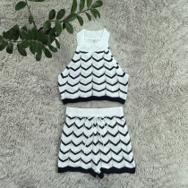Solid Striped Knitted Sweater Sleeveless Two Piece