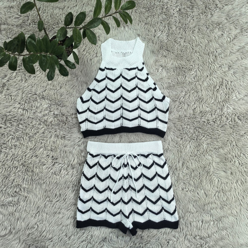Solid Striped Knitted Sweater Sleeveless Two Piece