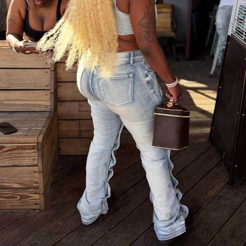 Casual Solid Color Pocket Mid Waist Loose Denim Jeans