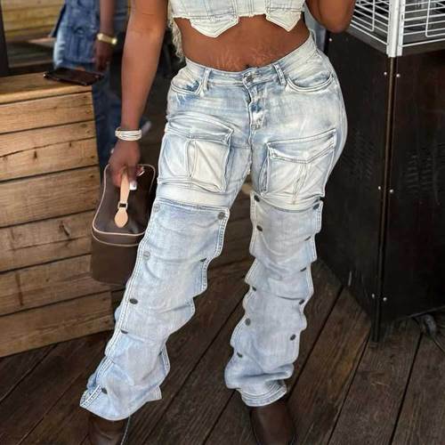 Casual Solid Color Pocket Mid Waist Loose Denim Jeans
