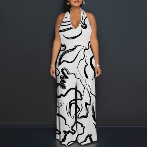 1 Piece Custom Casual Digital Printing Halter Backless Jumpsuits