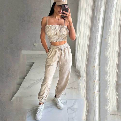 Casual Sexy Bandeau Multi-Pocket Cuffed Straps Trousers Set