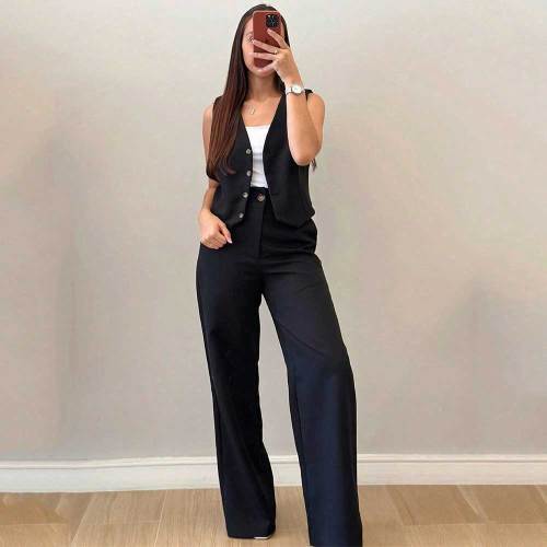 Women's OL V-Neck Black Sleeveless Button Vest High-Waist Wide-Leg Pants Suit