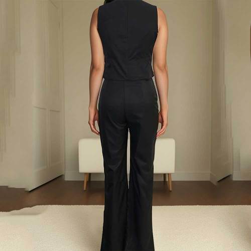 Women's OL V-Neck Black Sleeveless Button Vest High-Waist Wide-Leg Pants Suit