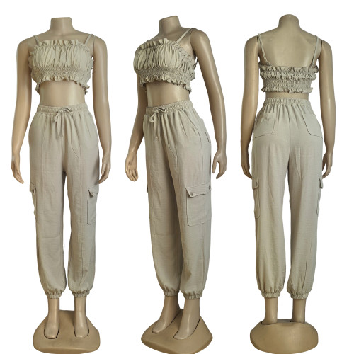 Casual Sexy Bandeau Multi-Pocket Cuffed Straps Trousers Set