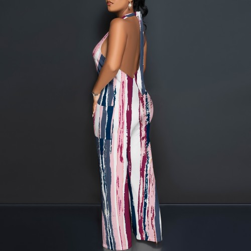 1 Piece Custom Casual Digital Printing Halter Backless Jumpsuits