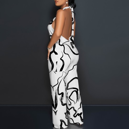 1 Piece Custom Casual Digital Printing Halter Backless Jumpsuits
