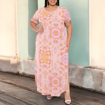 1 Piece Custom Casual Digital Printing Short Sleeve V Neck Plus Size Maxi Dresses