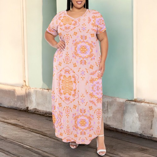 1 Piece Custom Casual Digital Printing Short Sleeve V Neck Plus Size Maxi Dresses