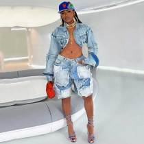 Vintage Washed Distressed Denim Frayed Patchwork Hippy Jacket & Shorts