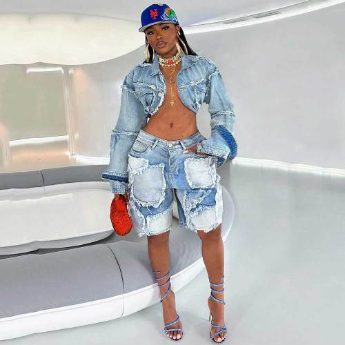 Vintage Washed Distressed Denim Frayed Patchwork Hippy Jacket & Shorts