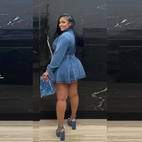 Women Casual Washed Long Sleeve Top and Denim Skirt Two-piece