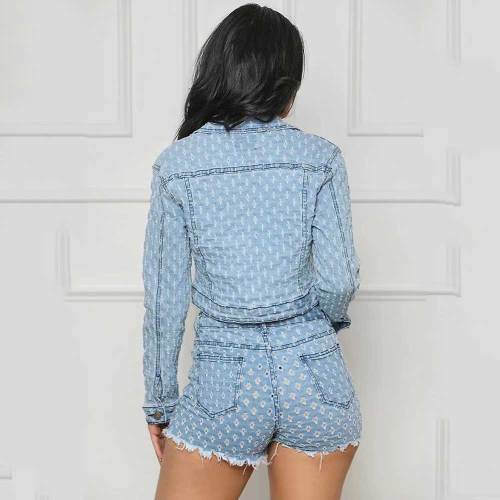 Womens 2 Pieces Denim Ripped Holes Jackets Bodycon Tracksuit Outfits Set