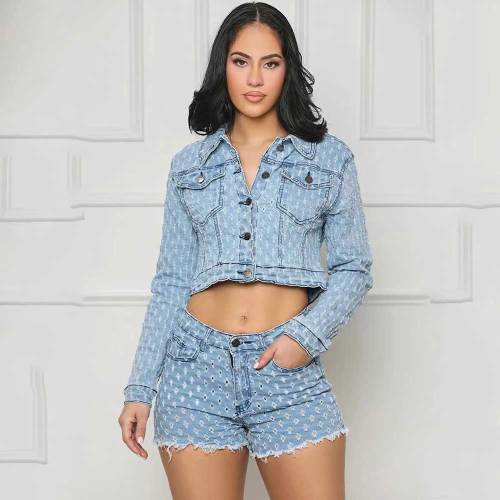Womens 2 Pieces Denim Ripped Holes Jackets Bodycon Tracksuit Outfits Set