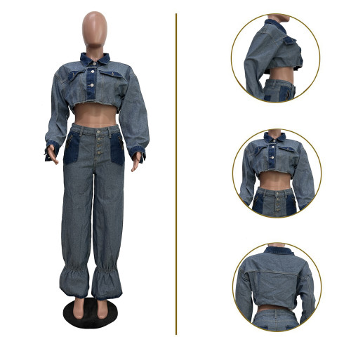 Two-Piece Cropped Jacket & Wide-Leg Pants Denim Set