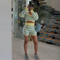 Women Casual Knitting Striped Long Sleeve Hooded Top and Shorts Two Piece Set