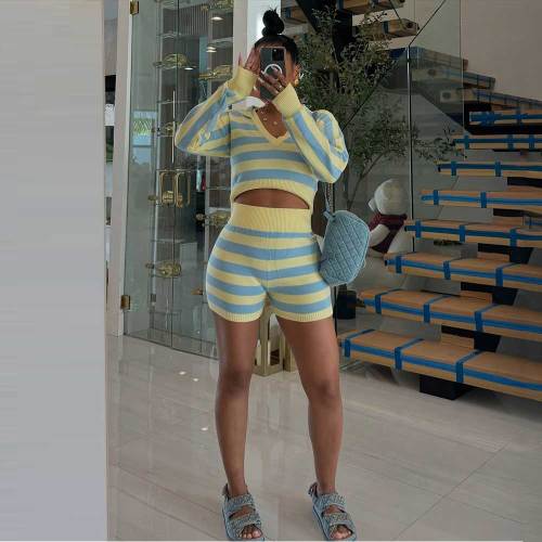 Women Casual Knitting Striped Long Sleeve Hooded Top and Shorts Two Piece Set