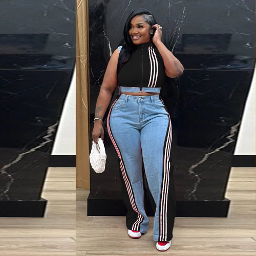 Casual Webbing Loose Stitching Denim Wide-Leg Pants Set