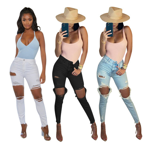 Women's Stretch Washed Ripped Jeans Slim Casual Skinny Pencil Pants