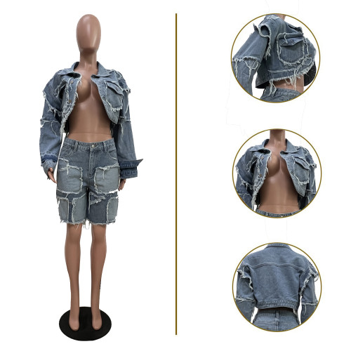 Vintage Washed Distressed Denim Frayed Patchwork Hippy Jacket & Shorts
