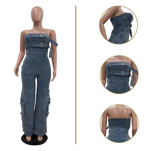 Spring/Summer Women's Hip-hop High Waist Workwear Denim Jumpsuit
