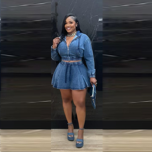 Women Casual Washed Long Sleeve Top and Denim Skirt Two-piece