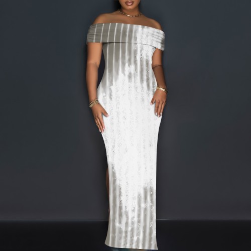 1 Piece Custom Casual Digital Printing Split Off Shoulder Maxi Dresses