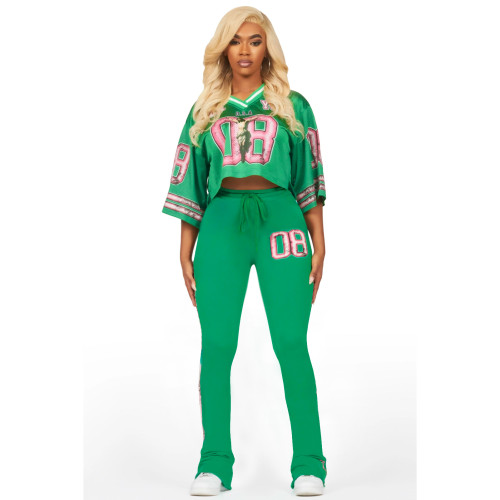 Fashion V Neck Tops Mesh Pocket Flared Pants Jersey Trackset